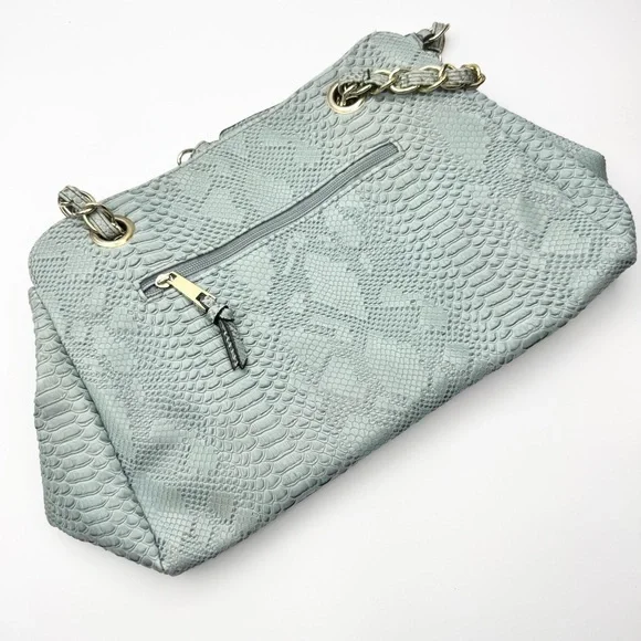 Nicole Miller Faux Leather Snakeskin Slouch Bag Chain Strap Teal - Picture 2 of 15